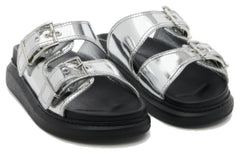 (WMNS) AMC Gabine Buckled Leather Slides 'Silver Black' 783254W4WG18100 #