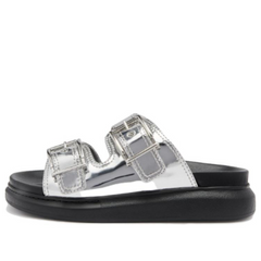 (WMNS) AMC Gabine Buckled Leather Slides 'Silver Black' 783254W4WG18100 #